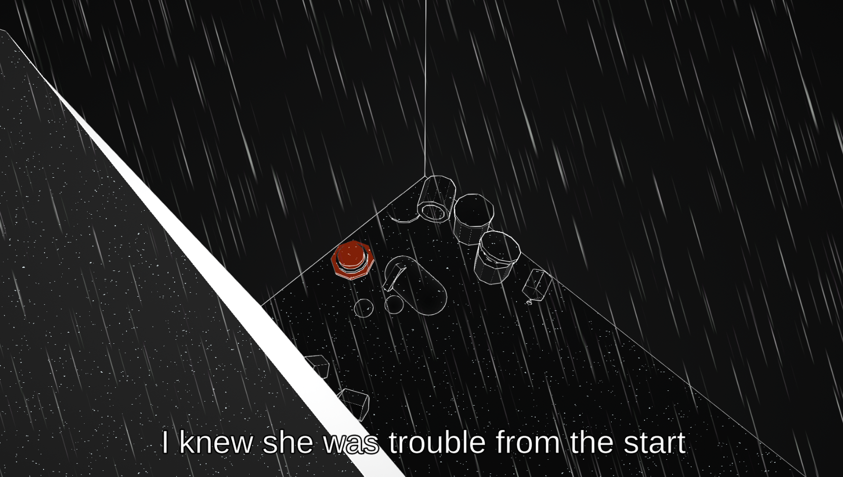 A screenshot from the game showing the protagonist lying down in an alleyway while it’s raining