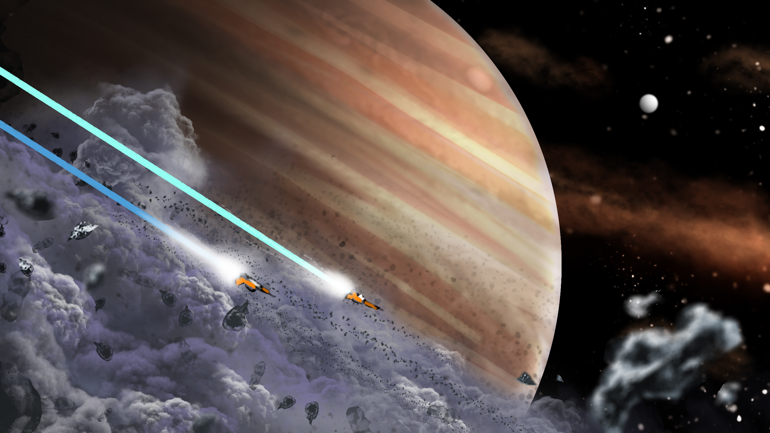 A promotional piece depicting spaces racing around Jupiter’s rings