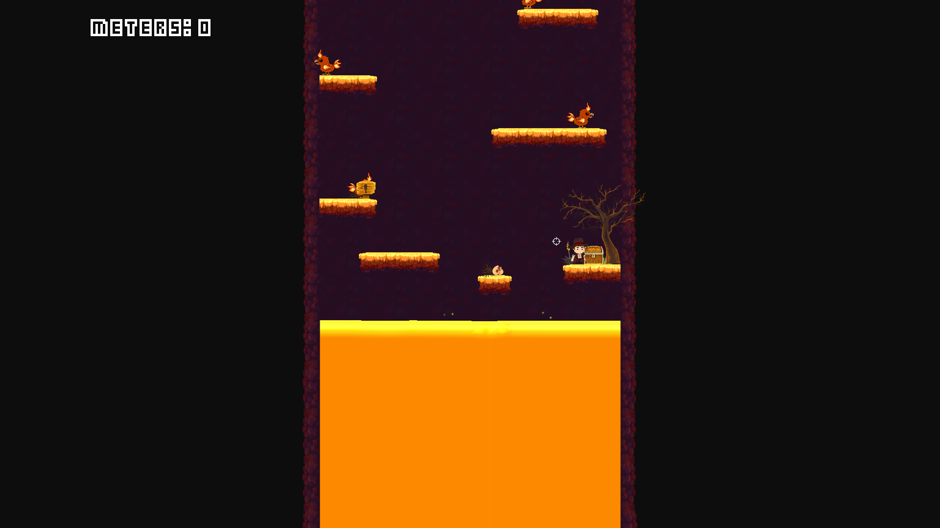 A screenshot from the game. A character that looks like Indiana Jones is standing on a platform with a treasure chest in a volcanor. There are other floating platforms. The floor is lava rising up quickly.