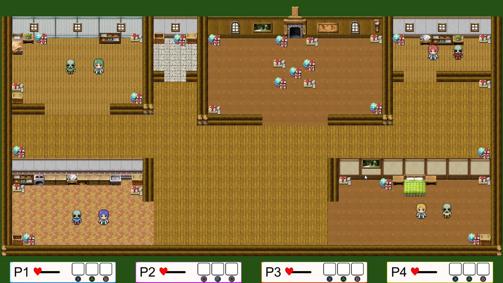 A screenshot from the game. Four characters stand in a house each with their own zombie and the floor is littered with gifts.